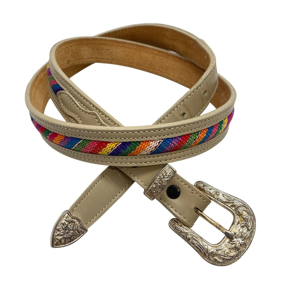 Vintage Southwest Style Belt Engraved Buckle Rainbow Woven Fabric Beige Leather - Picture 1 of 11